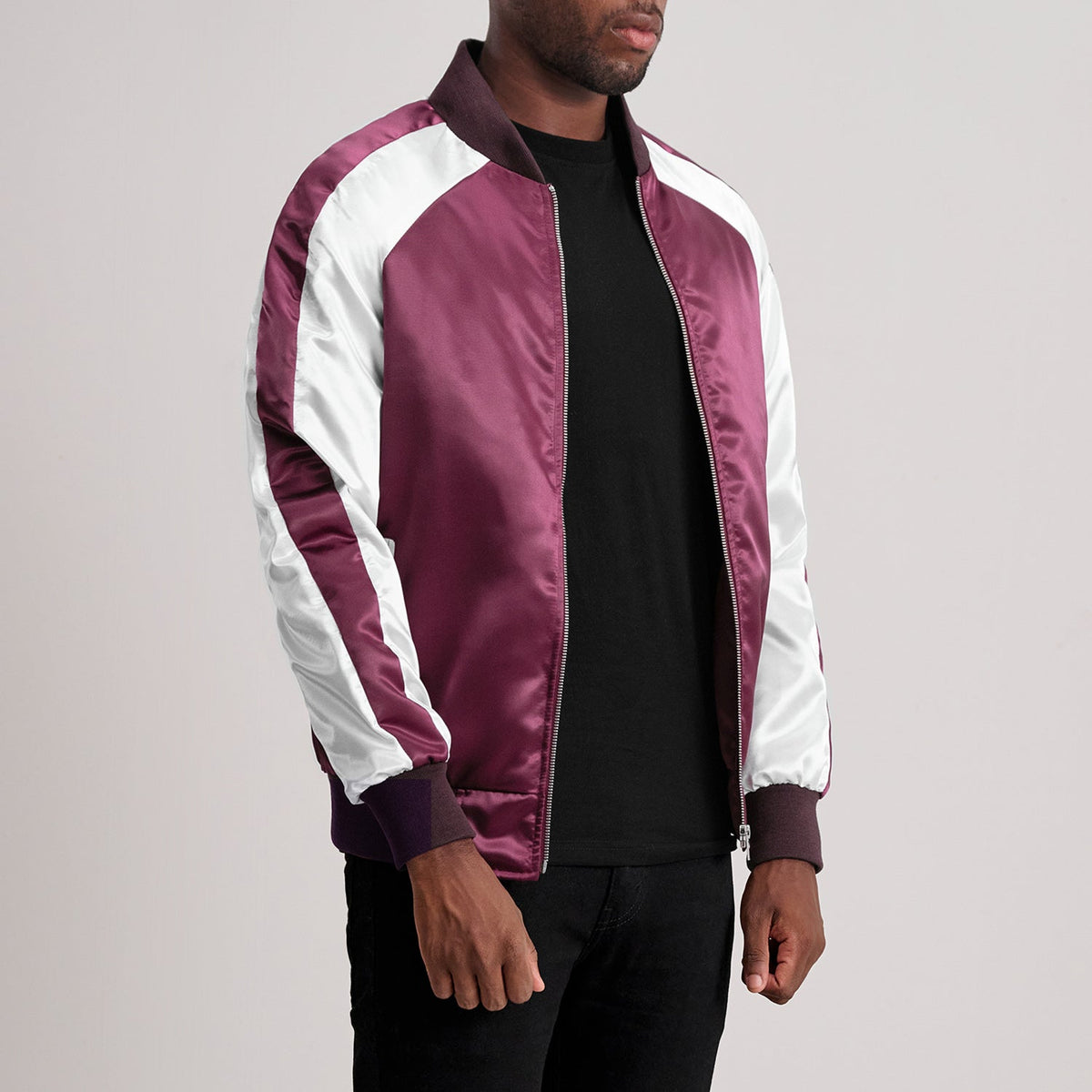 
Maroon & White Satin Aviator Jacket - Vue arrière montrant la carrure ajustée et l'ourlet net