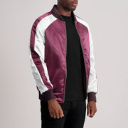 
Maroon & White Satin Aviator Jacket - Vue arrière montrant la carrure ajustée et l'ourlet net