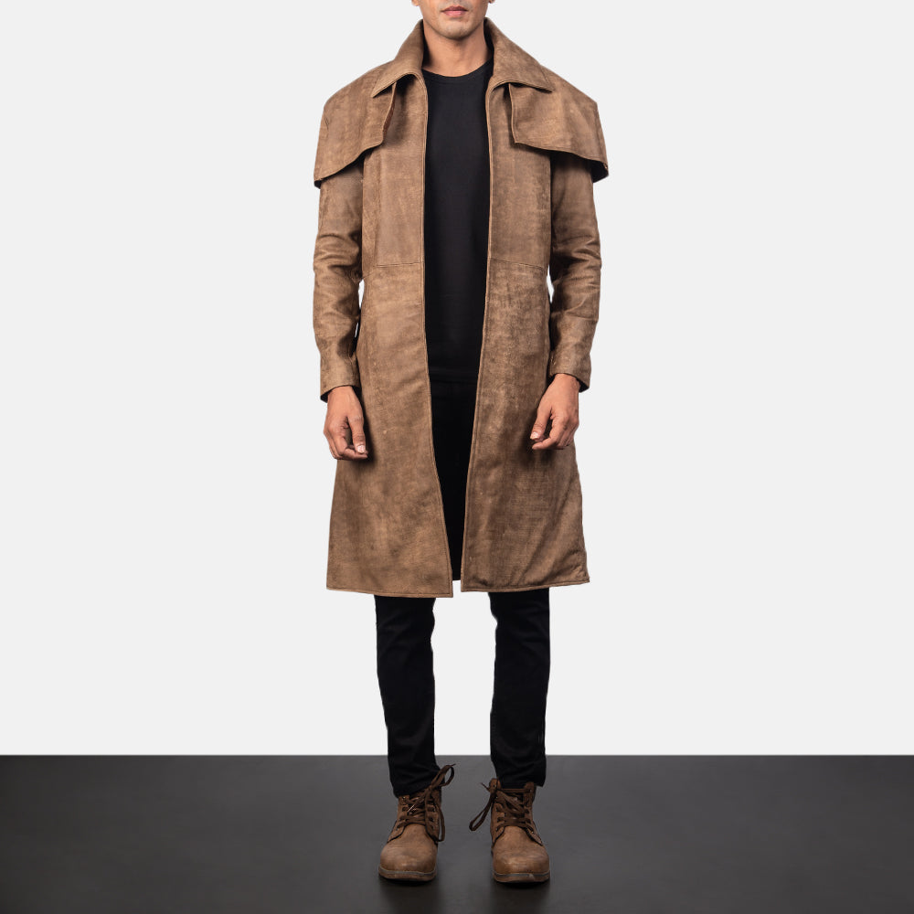 Men's Classic Marron Leather Duster pour Homme in Distressed Brown Sheepskin Snuffed - Vue de face &amp; silhouette ajustée | Acheter en ligne