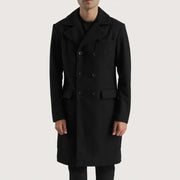 
Claud Black Wool Double Breasted Coat in Black Synthetic Wool - Vue de face & silhouette ajustée | Acheter en ligne