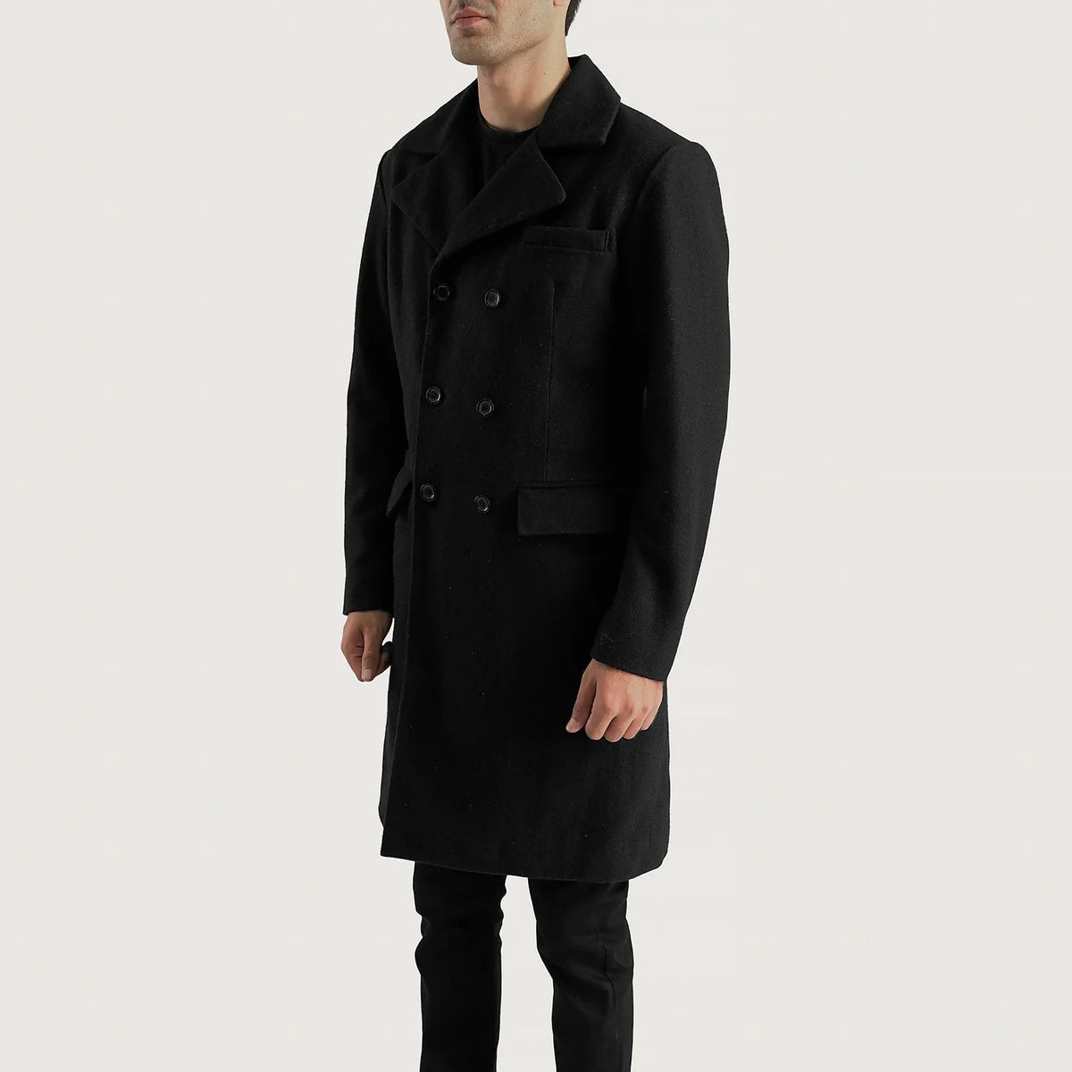 
Black Synthetic Wool Trench Coat - Vue arrière montrant la carrure ajustée et l'ourlet net