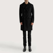 
Claud Black Wool Double Breasted Coat - Vue de profil mettant en valeur la coupe de manche ergonomique