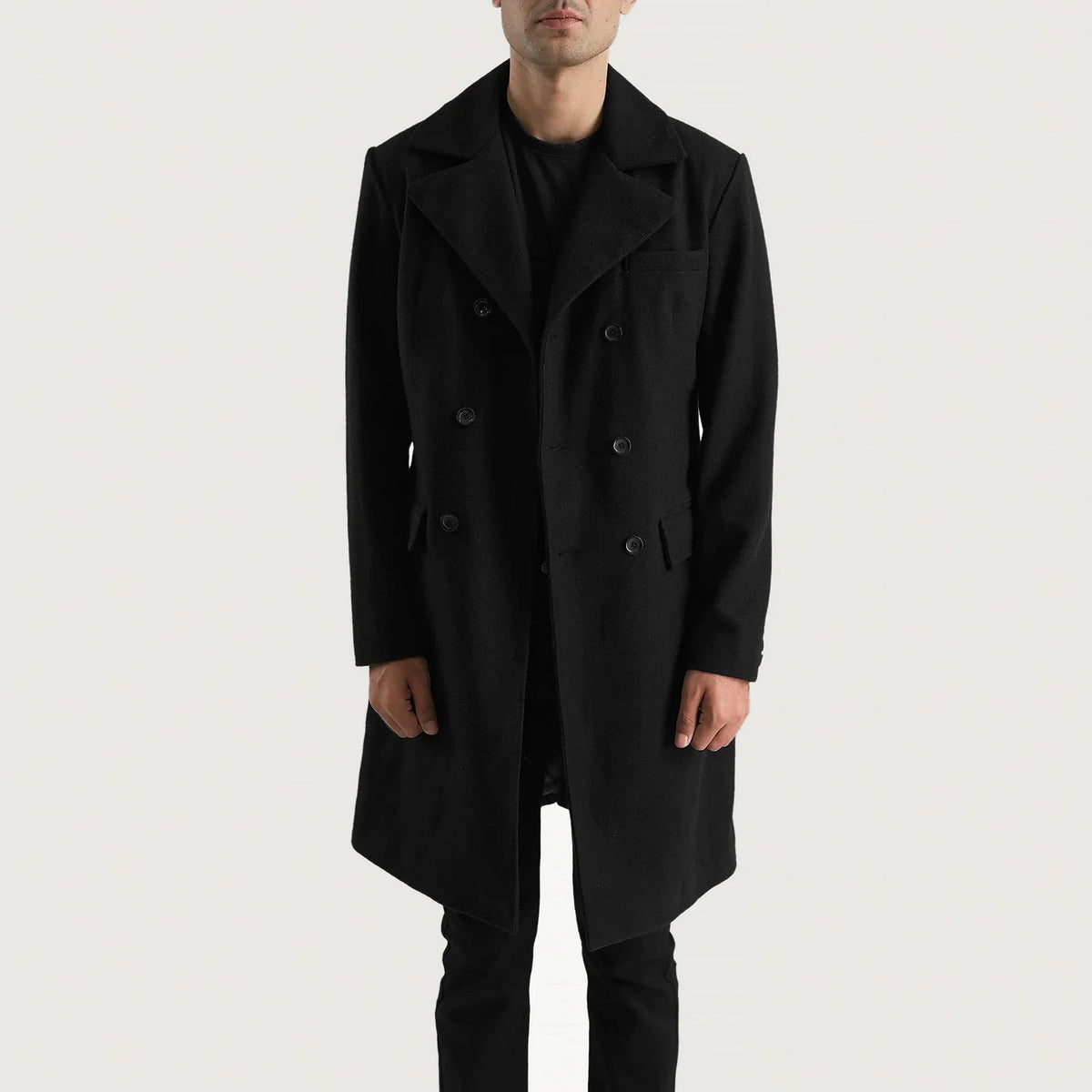 
Vue détaillée of Notch & Button Hardware on Claud Black Wool Double Breasted Coat
