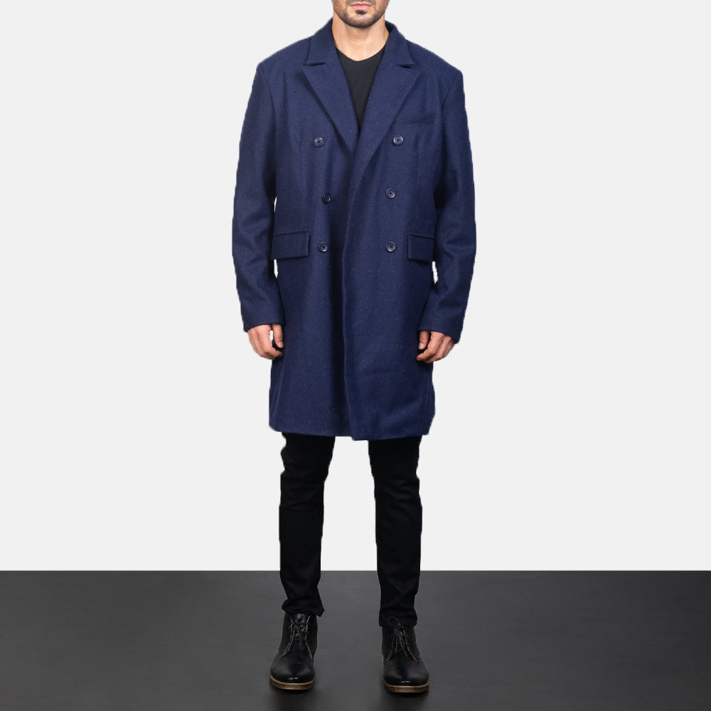 
Blue Wool Double Breasted Coat in Navy Blue Synthetic Wool - Vue de face & silhouette ajustée | Acheter en ligne