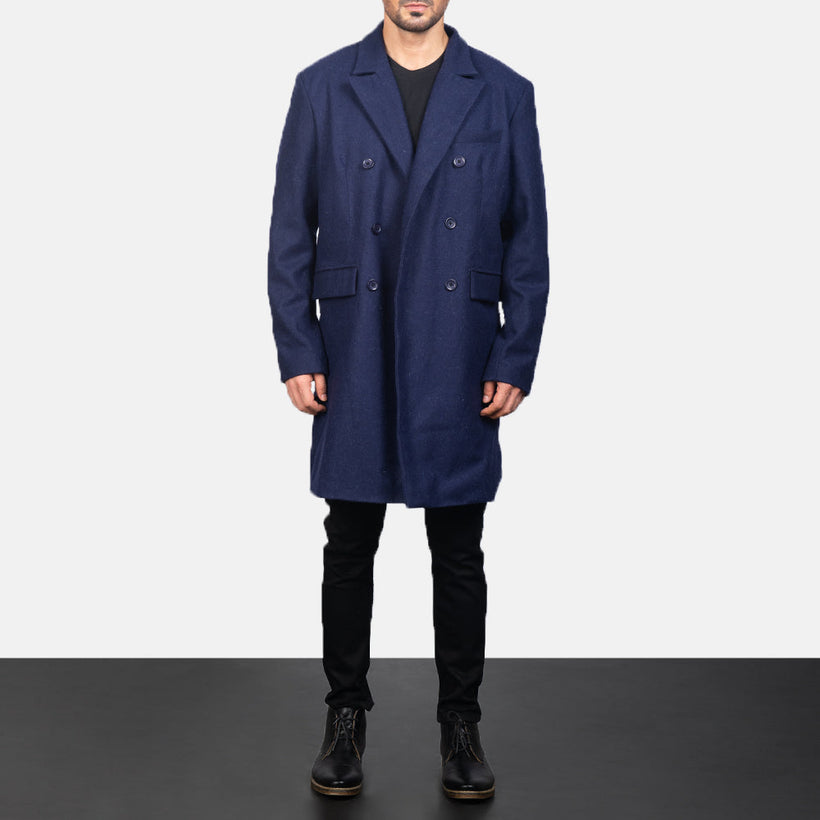 Claud Bleu Wool Double-Breasted Manteau en Cuir pour Homme