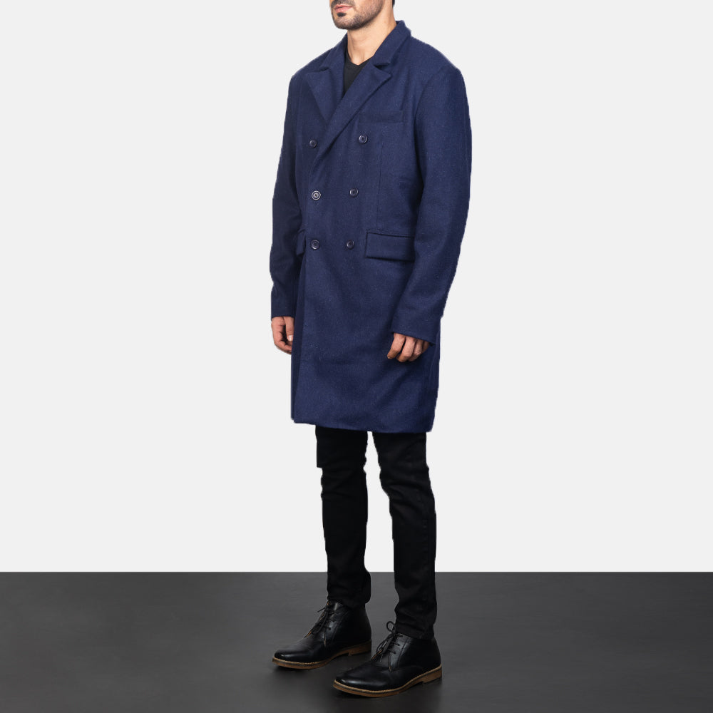 
Navy Blue Synthetic Wool Trench Coat - Vue arrière montrant la carrure ajustée et l'ourlet net
