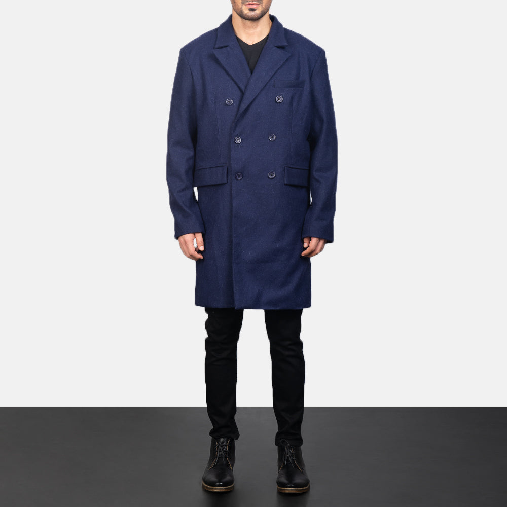 
Blue Wool Double Breasted Coat - Vue de profil mettant en valeur la coupe de manche ergonomique