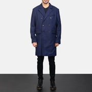 
Blue Wool Double Breasted Coat - Vue de profil mettant en valeur la coupe de manche ergonomique