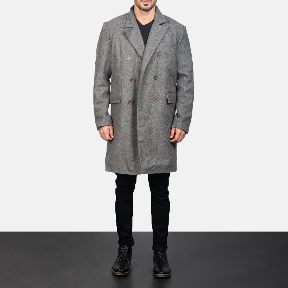 Men's Claud Grey Wool Double Breasted Coat in Grey Synthetic Wool - Vue de face &amp; silhouette ajustée | Acheter en ligne