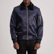 Clyde B-15 Blue Bomber Jacket in Blue Satin - Vue de face &amp; silhouette ajustée | Acheter en ligne