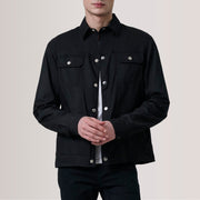 Colberto Noir Waxed Canvas Trucker Veste en Cuir pour Homme For Men in Black Waxed Cotton Canvas - Vue de face &amp; silhouette ajustée | Acheter en ligne
