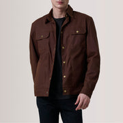 Colberto Marron Waxed Canvas Trucker Veste en Cuir pour Homme For Men in Brown Waxed Cotton Canvas - Vue de face &amp; silhouette ajustée | Acheter en ligne
