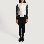
Vue détaillée of Varsity & Zipper Hardware on Cole Silver Blouson Bombardier en Cuir pour Femme
