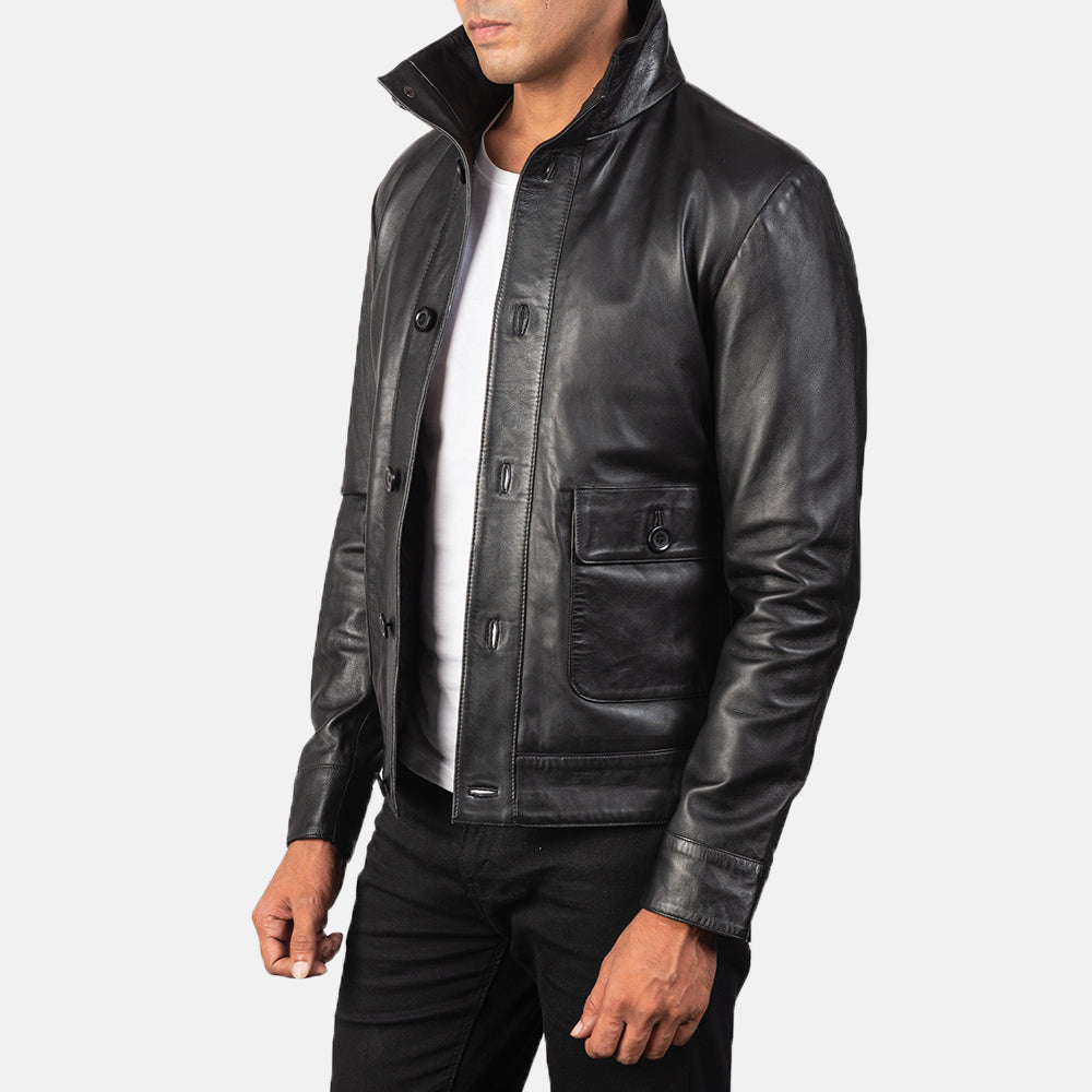 Blue Sheepskin Leather Bomber Jacket - Vue de dos avec coupe ajustée aux épaules &amp; ourlet soigné