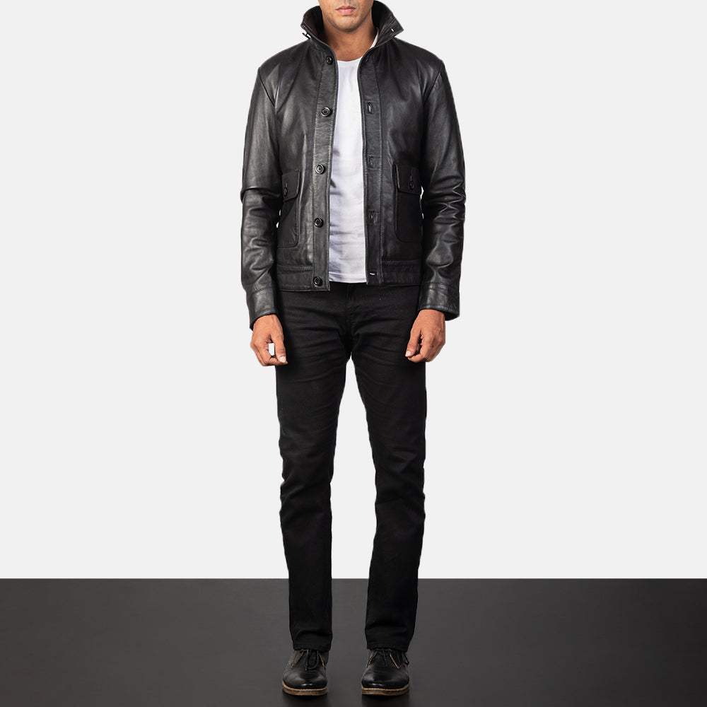 Vue détaillée of High-neck Buttoned &amp; Button Hardware on Norman Black Hooded Bomber Leather Puffer Jacket