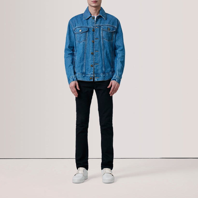 Conard Bleu Denim Trucker Veste en Cuir pour Homme