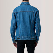 Vue détaillée of Classic Collar &amp; Heavy-Duty Zipper Hardware on Conard Bleu Denim Trucker Veste en Cuir pour Homme For Men