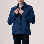 
Conard Dark Bleu Denim Trucker Veste en Cuir pour Homme For Men in Dark Blue Full-Grain Leather - Vue de face & silhouette ajustée | Acheter en ligne