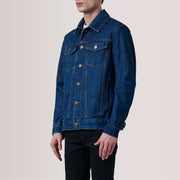 
Conard Dark Bleu Denim Trucker Veste en Cuir pour Homme For Men - Vue de profil mettant en valeur la coupe de manche ergonomique