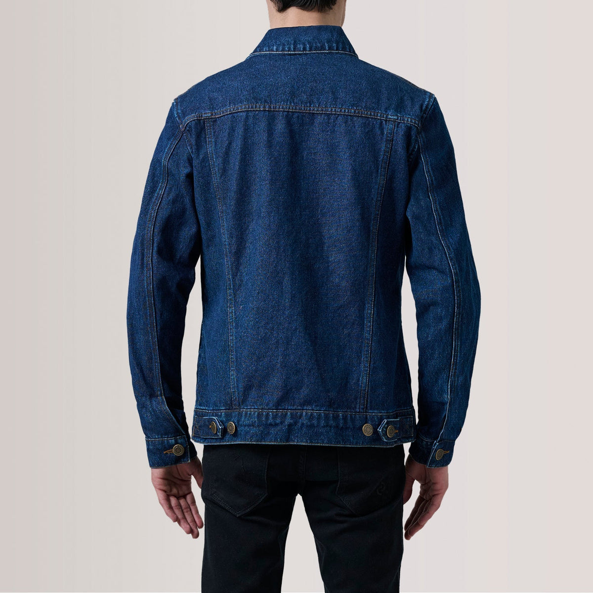 
Vue détaillée of Classic Collar & Heavy-Duty Zipper Hardware on Conard Dark Bleu Denim Trucker Veste en Cuir pour Homme For Men