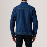 
Vue détaillée of Classic Collar & Heavy-Duty Zipper Hardware on Conard Dark Bleu Denim Trucker Veste en Cuir pour Homme For Men