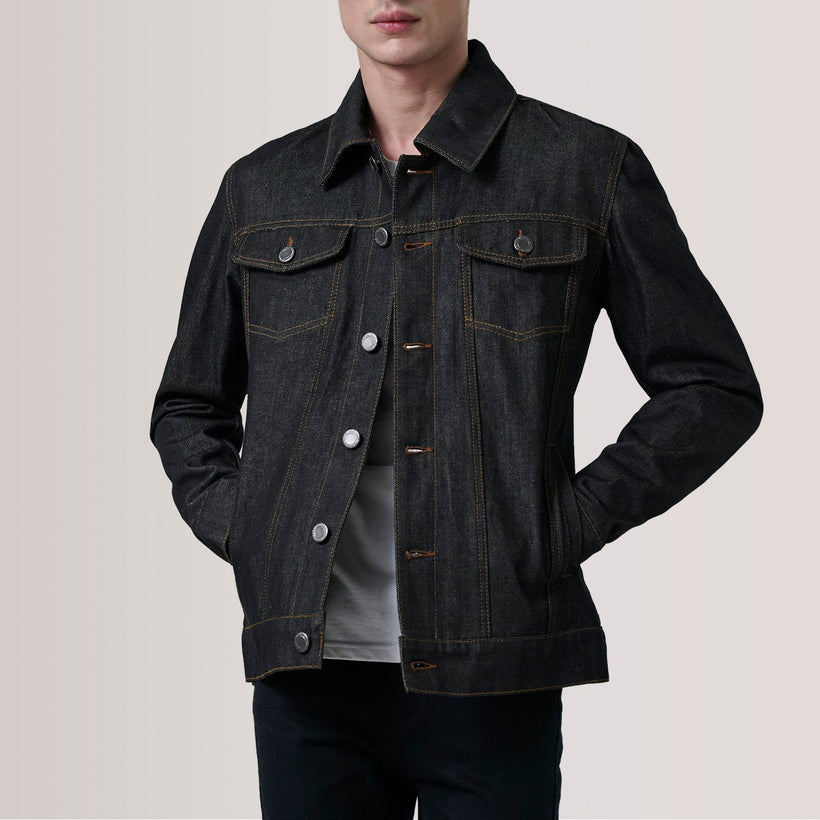 Conard Faded Noir Denim Trucker Veste en Cuir pour Homme