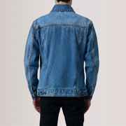 Vue détaillée of Classic Collar &amp; Heavy-Duty Zipper Hardware on Conard Ice Bleu Denim Trucker Veste en Cuir pour Homme For Men