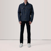 Indigo Blue Full-Grain leather Jacket - Vue de dos avec coupe ajustée aux épaules &amp; ourlet soigné