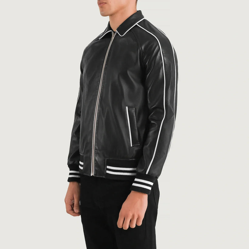 Cooper Noir Leather Varsity Veste en Cuir pour Homme