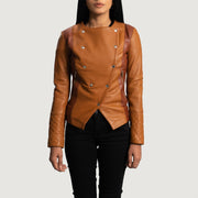 Women's County Camel Overlap Veste en Cuir pour Femme in Tan Brown Sheepskin Leather - Vue de face &amp; silhouette ajustée | Acheter en ligne