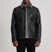 Dallis Noir Leather Shearling Trucker Veste en Cuir pour Homme in Black Sheepskin Leather - Vue de face &amp; silhouette ajustée | Acheter en ligne