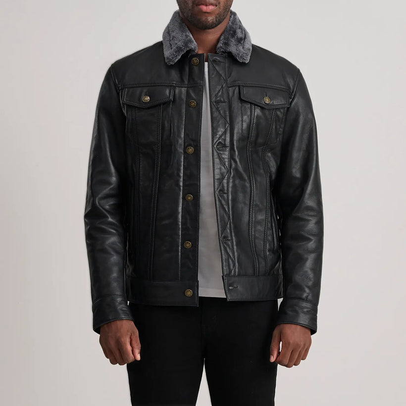 Dallis Noir Leather Shearling Trucker Veste en Cuir pour Homme