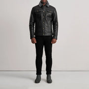 Dallis Noir Leather Shearling Trucker Veste en Cuir pour Homme - Vue de profil avec coupe de manche ergonomique