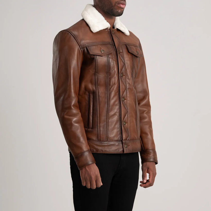 Dallis Marron Leather Shearling Trucker Veste en Cuir pour Homme
