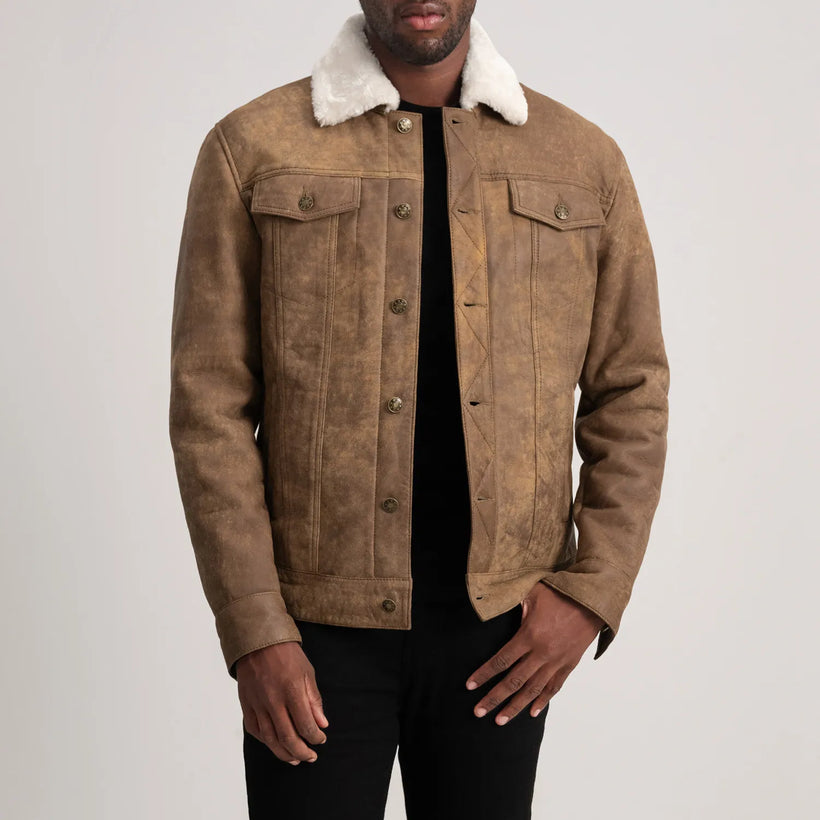 Dallis Patine Usée Marron Leather Shearling Trucker Veste en Cuir pour Homme