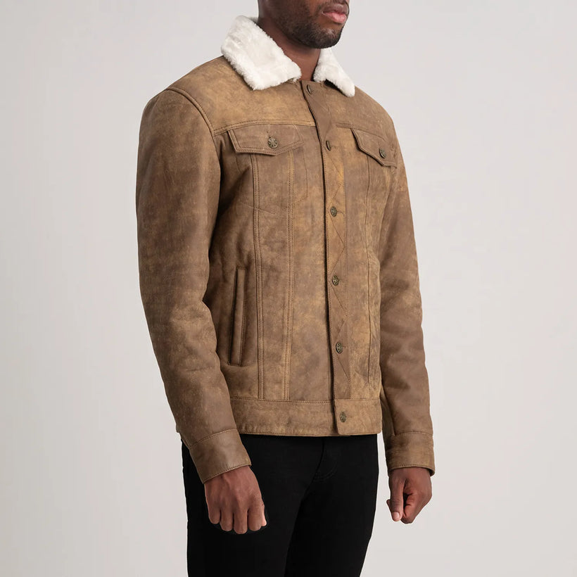 Dallis Patine Usée Marron Leather Shearling Trucker Veste en Cuir pour Homme