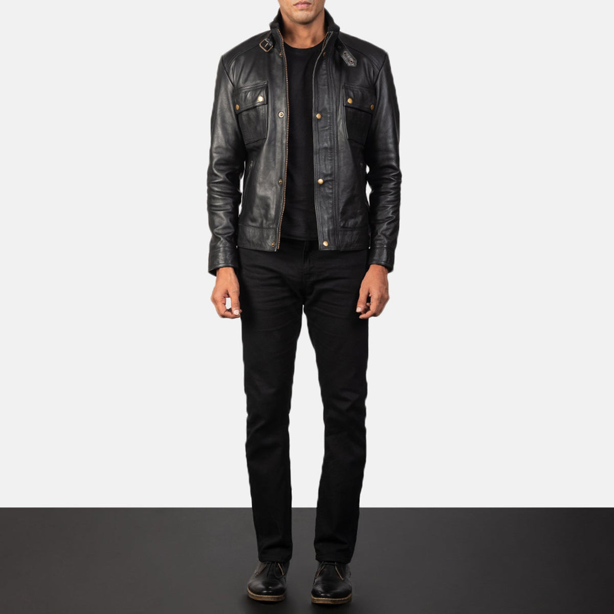 Vue détaillée of Classic Collar &amp; Heavy-Duty Zipper Hardware on Men's Darren Black Leather Biker Jacket