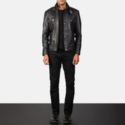 Vue détaillée of Classic Collar &amp; Heavy-Duty Zipper Hardware on Men's Darren Black Leather Biker Jacket