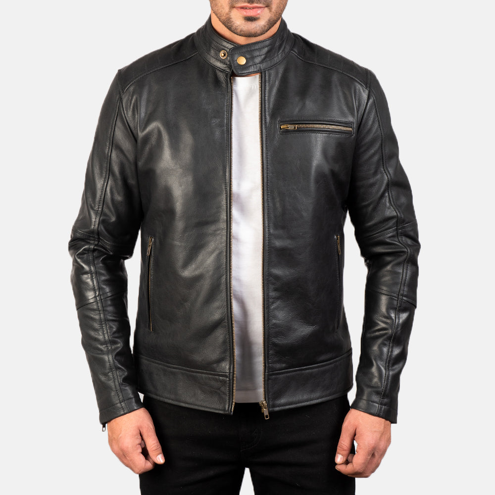 Dean Noir Veste Motard en Cuir pour Homme in Black Cow Hide Leather - Vue de face &amp; silhouette ajustée | Acheter en ligne