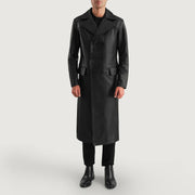 Delmar Black Leather Double Breasted Coat - Vue de profil avec coupe de manche ergonomique