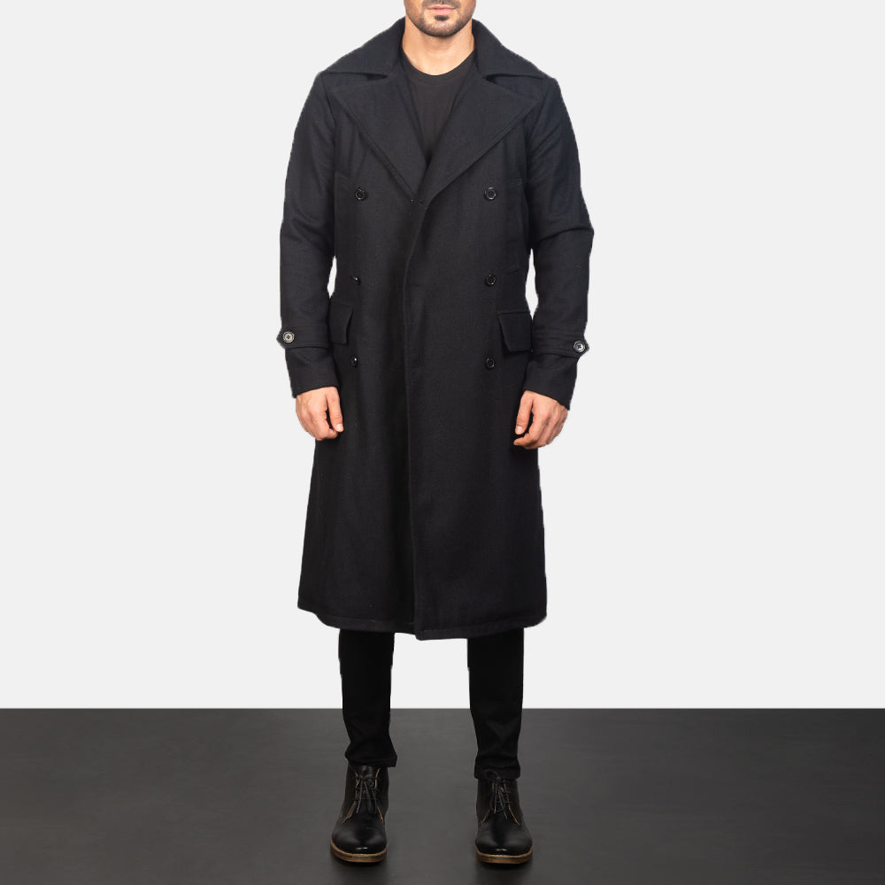 
Detective Noir Wool Manteau en Cuir pour Homme in Black Synthetic Wool - Vue de face & silhouette ajustée | Acheter en ligne