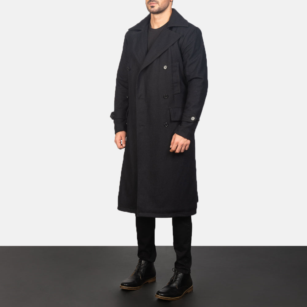 
Black Synthetic Wool Trench Coat - Vue arrière montrant la carrure ajustée et l'ourlet net