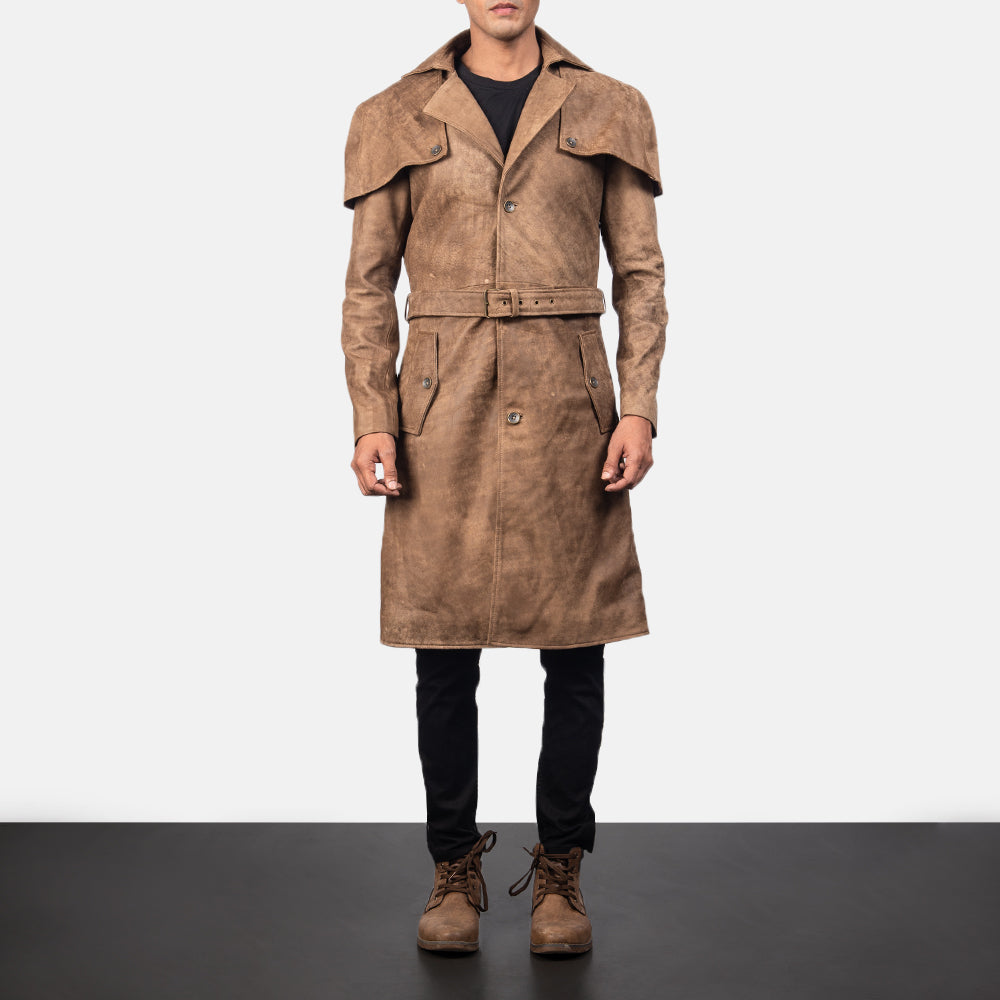 
Vue détaillée of Classic Collar & Buttons + Belt Hardware on Deux Marron Leather Duster pour Homme