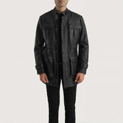 Dolf Noir Veste en Cuir pour Homme in Black Cowhide Leather - Vue de face &amp; silhouette ajustée | Acheter en ligne