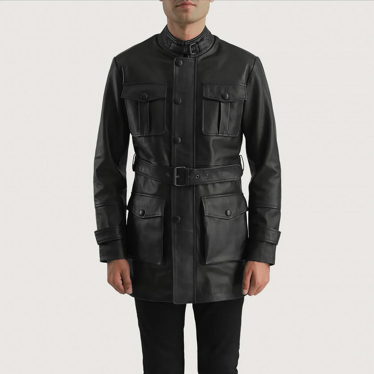Vue détaillée of High neck with Belt &amp; Snap button Hardware on Dolf Noir Veste en Cuir pour Homme