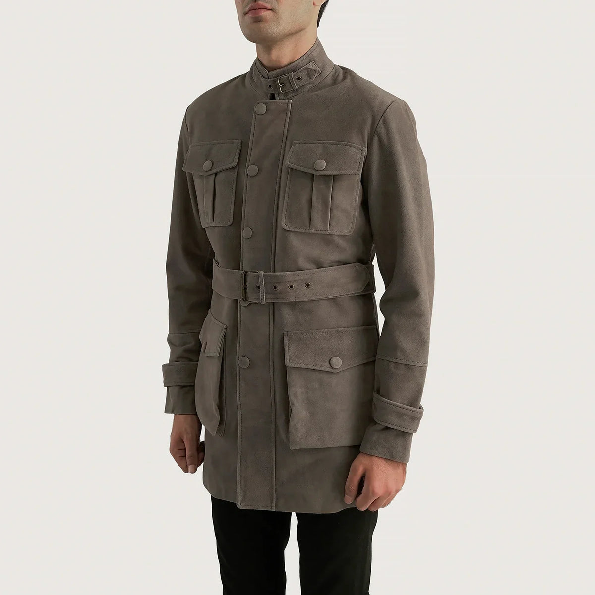 Grey Cowhide suede Jacket - Vue de dos avec coupe ajustée aux épaules &amp; ourlet soigné
