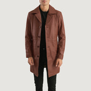 Don Long Marron Manteau en Cuir pour Homme in Brown Cowhide Leather - Vue de face &amp; silhouette ajustée | Acheter en ligne