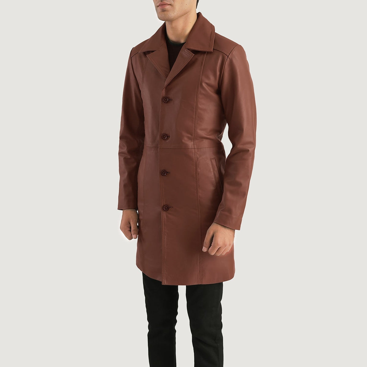 Brown Cowhide leather Coat - Vue de dos avec coupe ajustée aux épaules &amp; ourlet soigné
