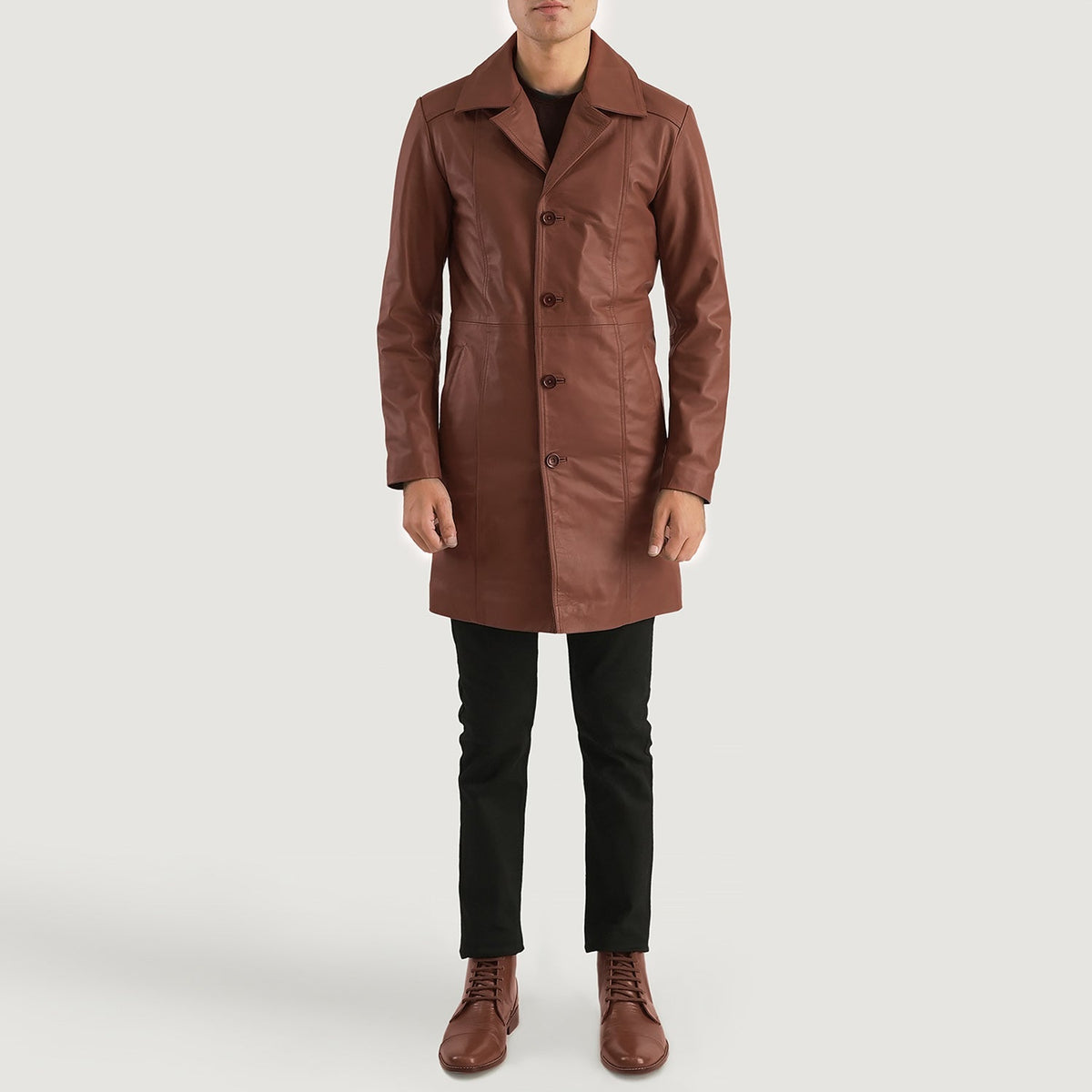 Don Long Marron Manteau en Cuir pour Homme - Vue de profil avec coupe de manche ergonomique