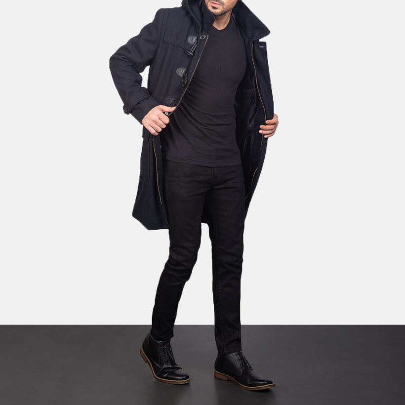 Drake Noir Wool Hooded Duffle Manteau en Cuir